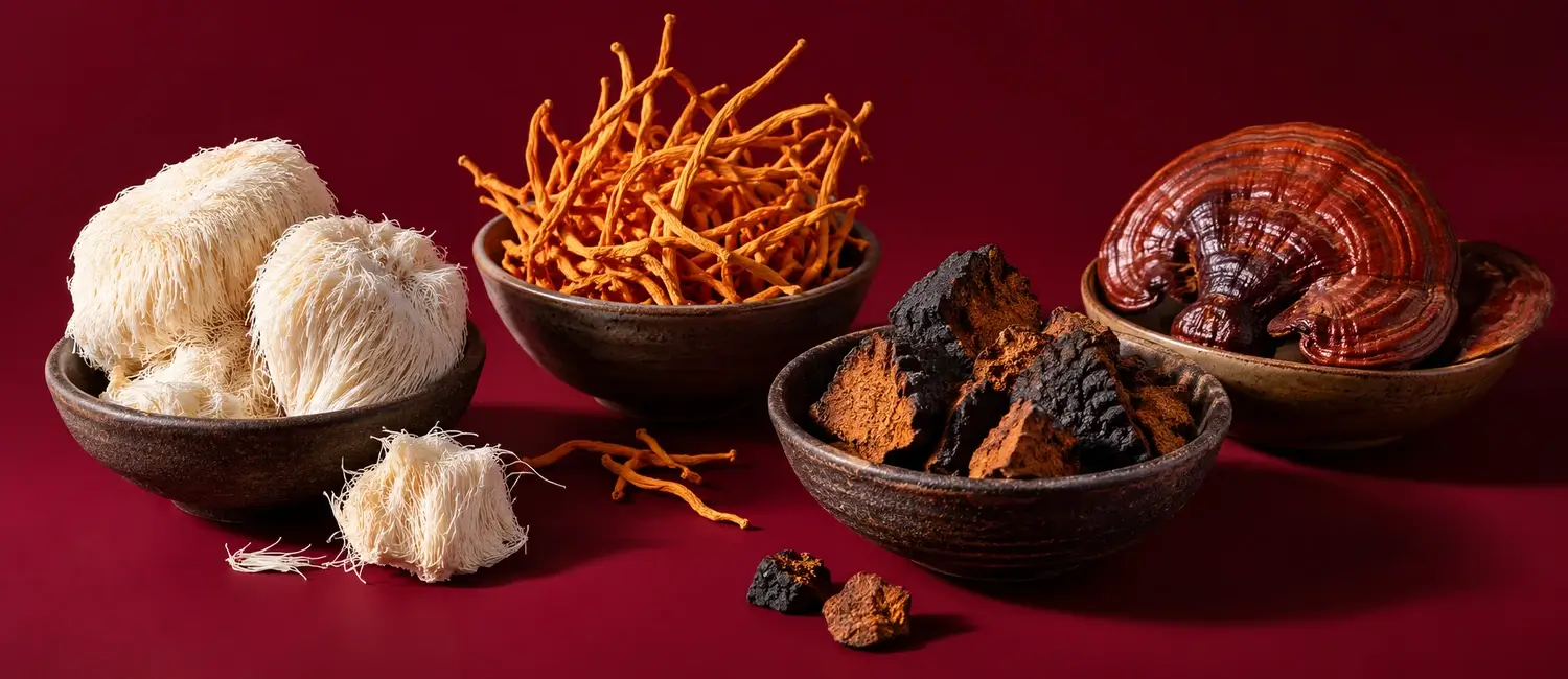 Criniera di leone, cordyceps, chaga e reishi essiccati in ciotole su sfondo bordeaux