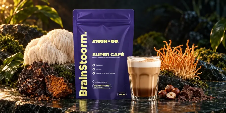 Busta di Brainstoorm di Mush N Go tra criniera di leone, chaga e cordyceps, accanto a un bicchiere di latte al cacao