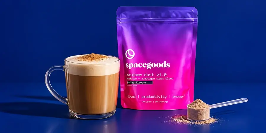 Busta di Rainbow Dust di Spacegoods accanto a una tazza di mushroom latte su sfondo blu notte