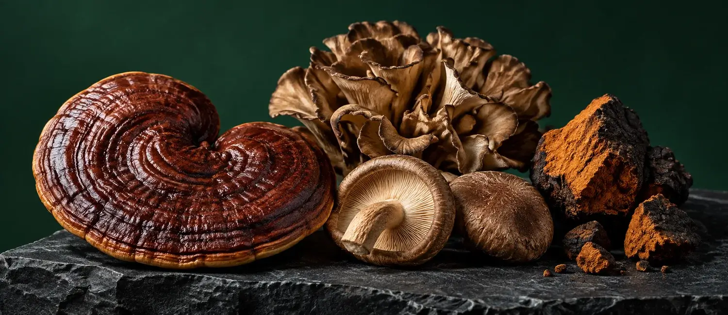 Reishi, shiitake, maitake e chaga essiccati su una pietra scura su sfondo verde abete