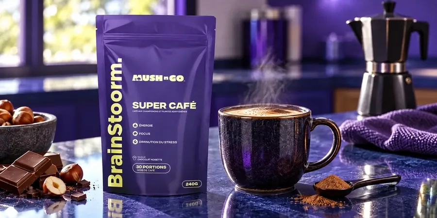 Busta viola di Brainstoorm di Mush N Go accanto a una tazza scura, un cucchiaio di cacao e nocciole sul piano di lavoro