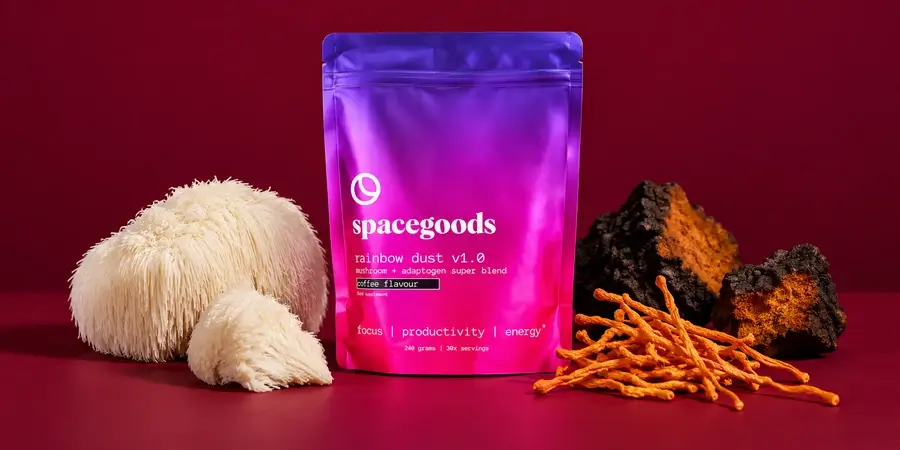 Busta di Rainbow Dust di Spacegoods tra criniera di leone, cordyceps arancione e pezzi di chaga su sfondo bordeaux